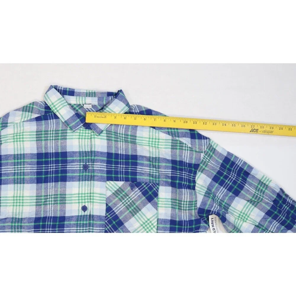Old Navy Flannel Pajama Shirt Youth XL Blue Green Plaid Lounge Sleep Top